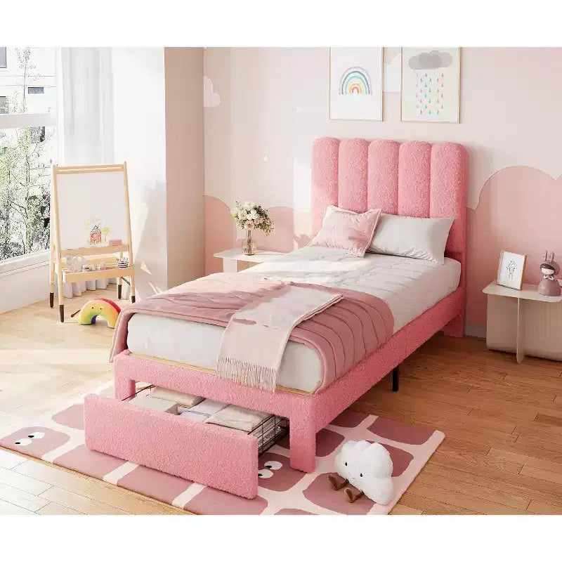 Cadre de lit simple en velours beige avec tiroir de rangement, tête de lit, lattes, sans sommier, silencieux, montage facile