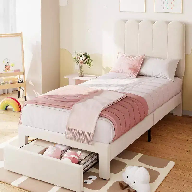 Cadre de lit simple en velours beige avec tiroir de rangement, tête de lit, lattes, sans sommier, silencieux, montage facile