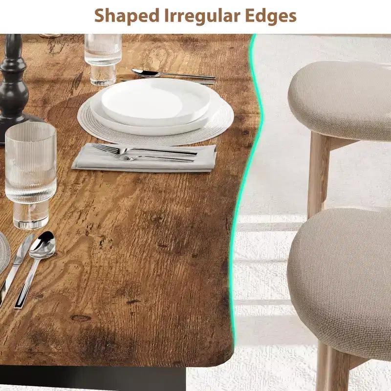 Table à manger rectangulaire 71 / 78 pour 6-8 personnes avec bord irrégulier ondulé et cadre en métal, imperméable et résistant aux rayures, polyvalente pour manger/travailler/étudier