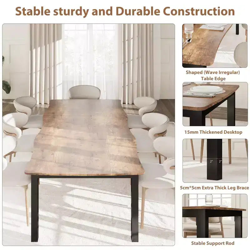 Table à manger rectangulaire 71 / 78 pour 6-8 personnes avec bord irrégulier ondulé et cadre en métal, imperméable et résistant aux rayures, polyvalente pour manger/travailler/étudier