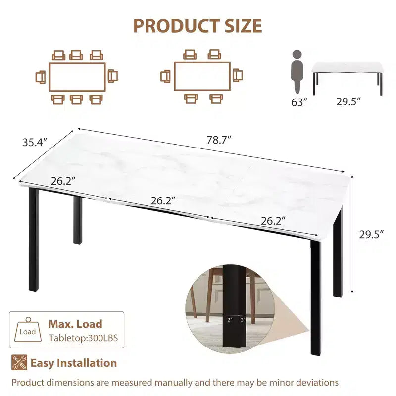 Table à manger rectangulaire 71 / 78 pour 6-8 personnes avec bord irrégulier ondulé et cadre en métal, imperméable et résistant aux rayures, polyvalente pour manger/travailler/étudier