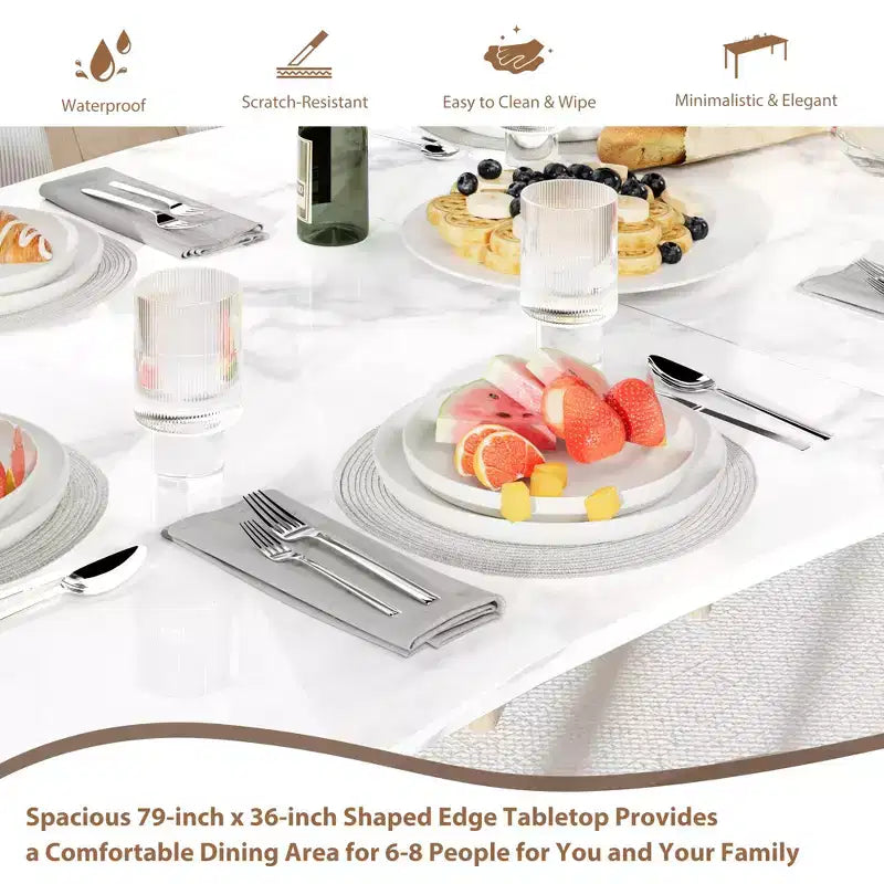 Table à manger rectangulaire 71 / 78 pour 6-8 personnes avec bord irrégulier ondulé et cadre en métal, imperméable et résistant aux rayures, polyvalente pour manger/travailler/étudier