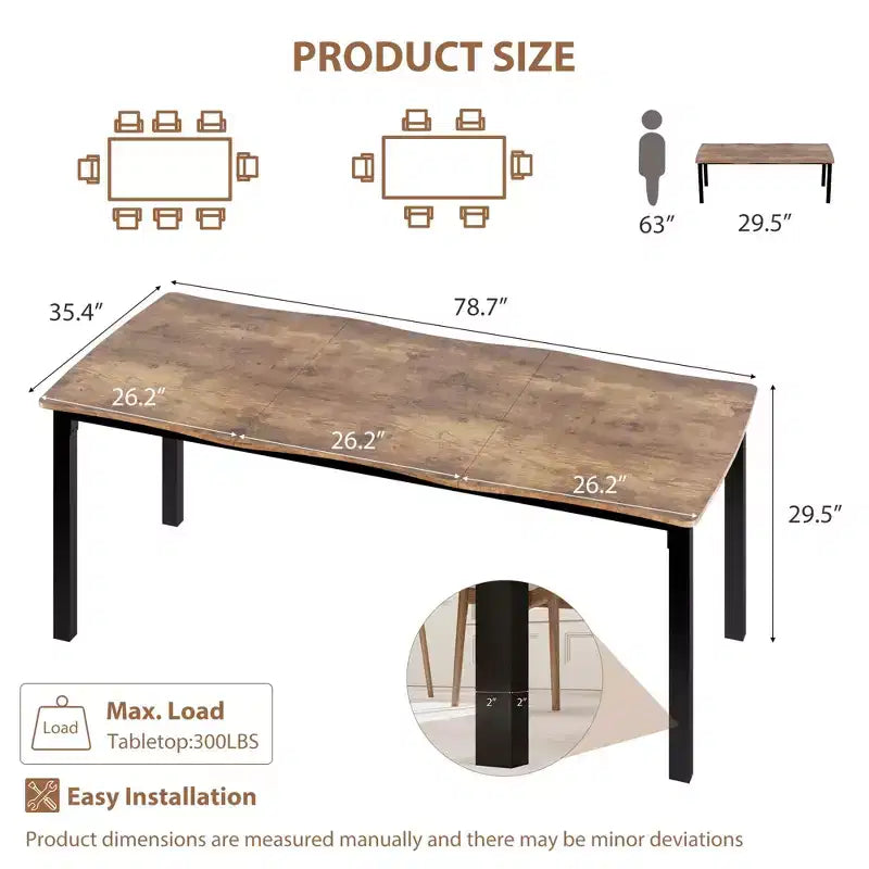 Table à manger rectangulaire 71 / 78 pour 6-8 personnes avec bord irrégulier ondulé et cadre en métal, imperméable et résistant aux rayures, polyvalente pour manger/travailler/étudier