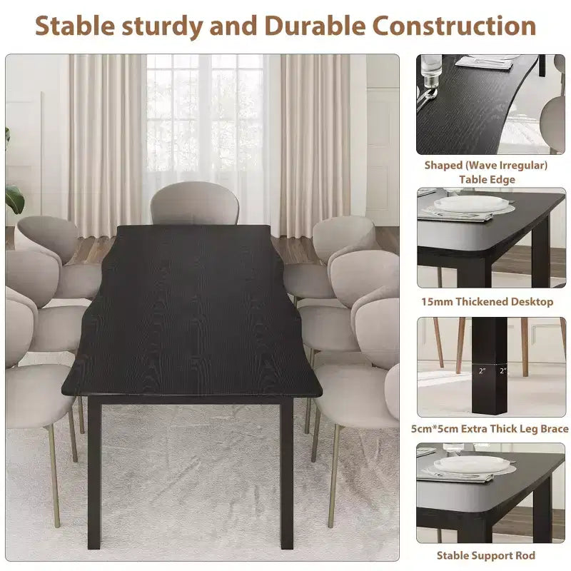Table à manger rectangulaire 71 / 78 pour 6-8 personnes avec bord irrégulier ondulé et cadre en métal, imperméable et résistant aux rayures, polyvalente pour manger/travailler/étudier