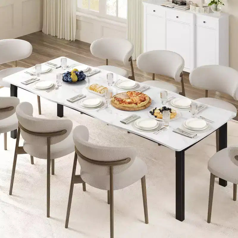 Table à manger rectangulaire 71 / 78 pour 6-8 personnes avec bord irrégulier ondulé et cadre en métal, imperméable et résistant aux rayures, polyvalente pour manger/travailler/étudier