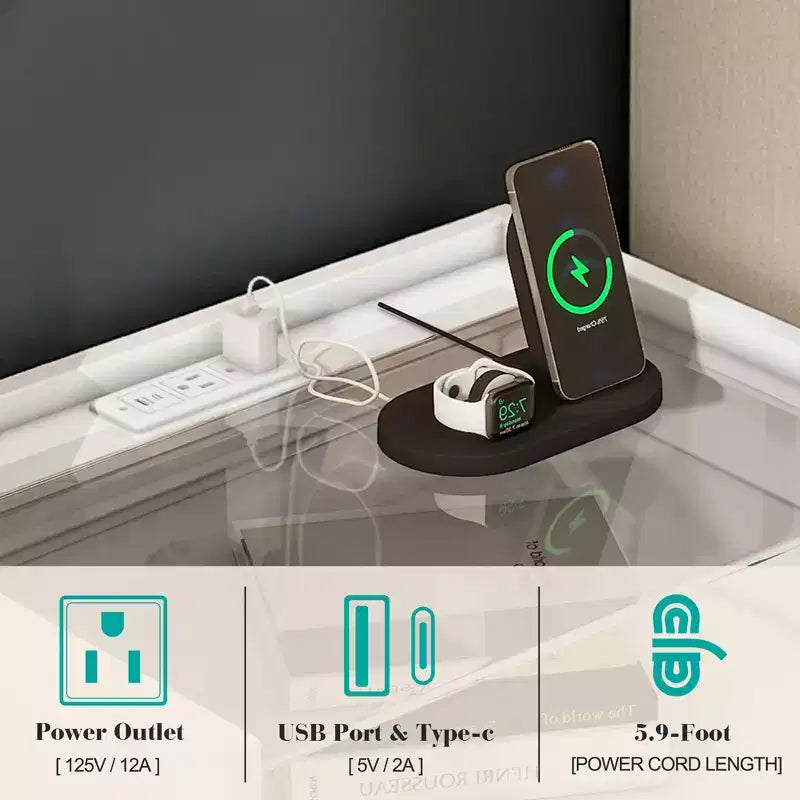 Table de chevet AMERLIFE 23.6, finition brillante, avec plateau en verre et station de recharge intégrée