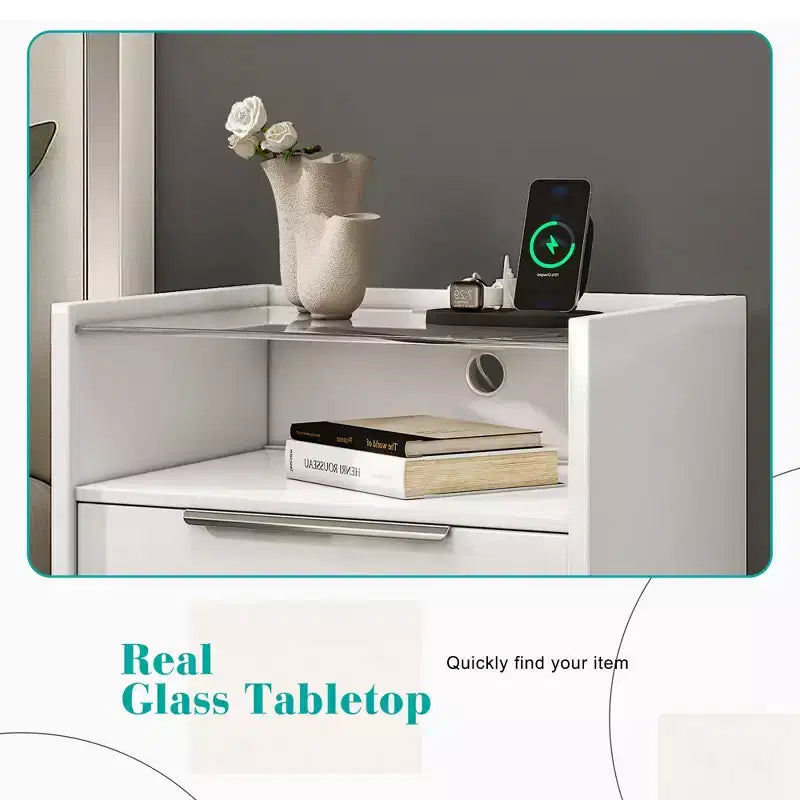 Table de chevet AMERLIFE 23.6, finition brillante, avec plateau en verre et station de recharge intégrée