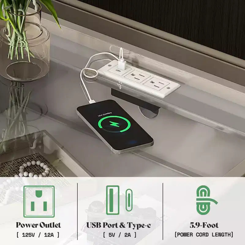 Table de chevet AMERLIFE 23.6, finition brillante, avec plateau en verre et station de recharge intégrée