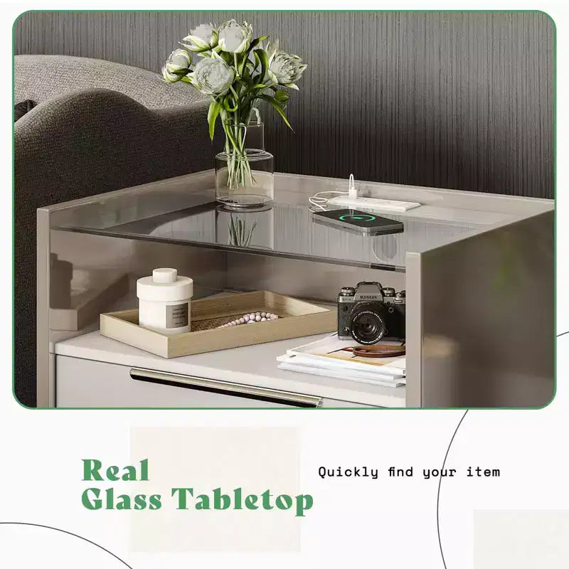 Table de chevet AMERLIFE 23.6, finition brillante, avec plateau en verre et station de recharge intégrée