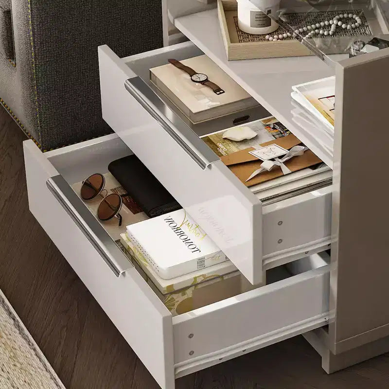 Table de chevet AMERLIFE 23.6, finition brillante, avec plateau en verre et station de recharge intégrée