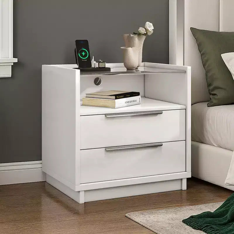 Table de chevet AMERLIFE 23.6, finition brillante, avec plateau en verre et station de recharge intégrée