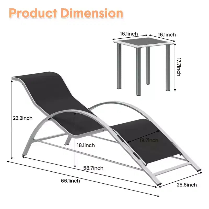 Ensemble de 3 chaises longues d'extérieur, chaises inclinables, transats de patio en aluminium, design moderne, résistantes aux intempéries et faciles à assembler