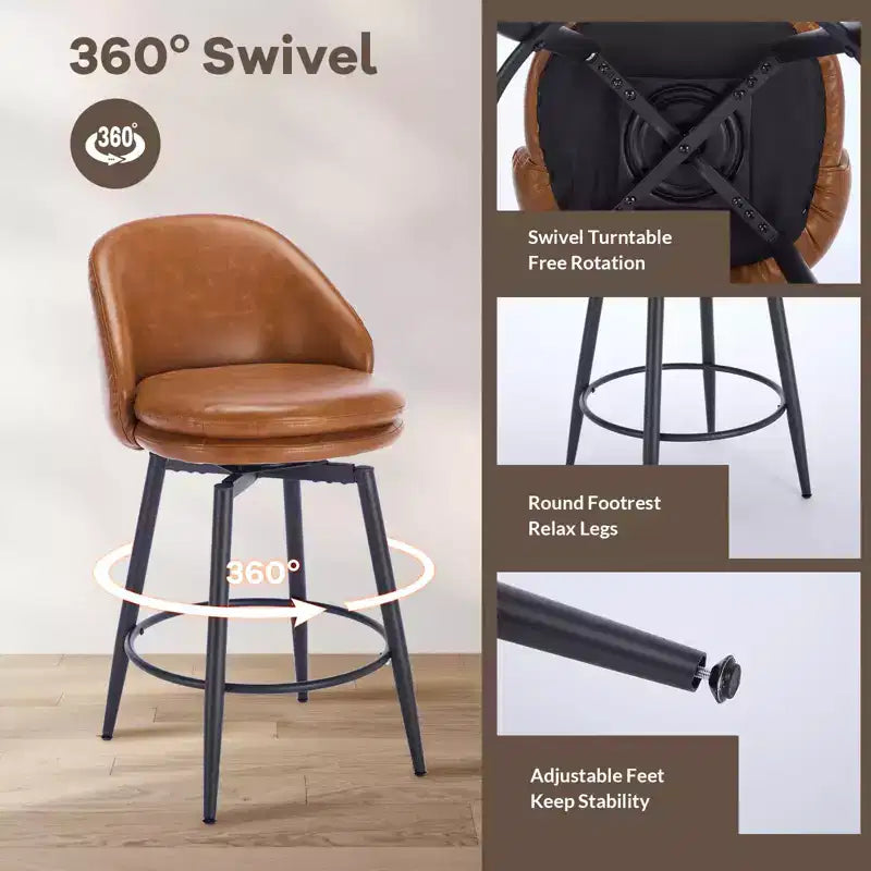GustoWave Lot de 2 tabourets de bar modernes pivotants et rembourrés, tabourets de bar pivotants de 26 po avec pieds en métal, chaises de comptoir de bar en similicuir
