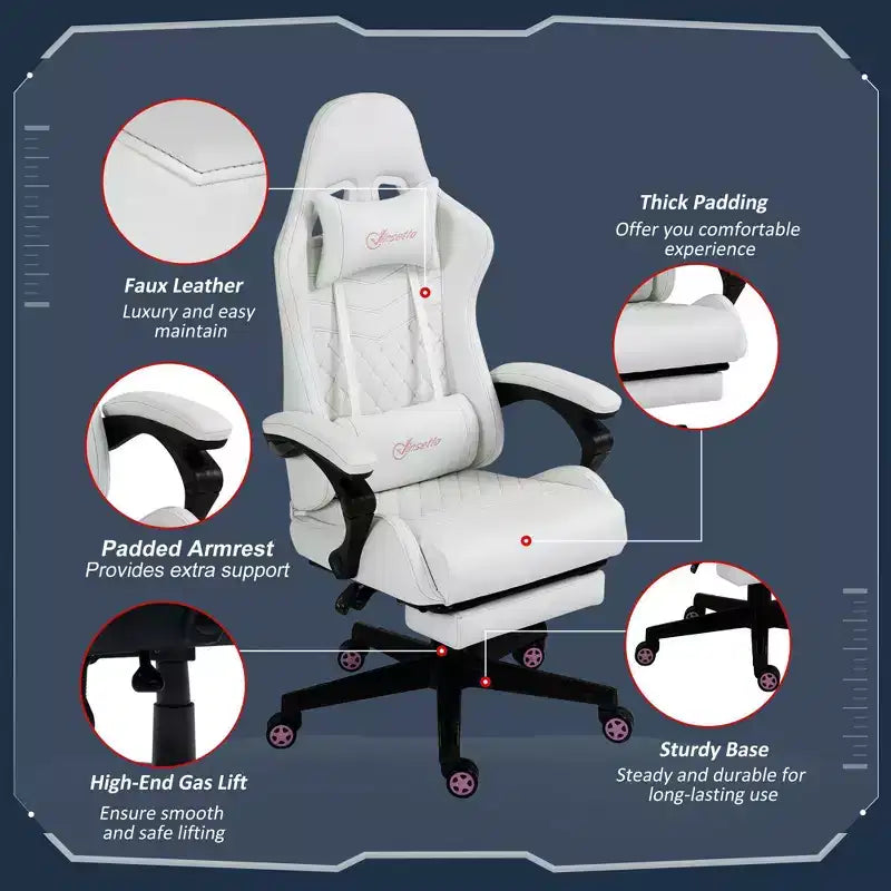 Chaise de gaming Okak High-Back avec appuie-tête, chaise d'ordinateur avec soutien lombaire et repose-pieds, chaise de bureau pour l'étude, salle de lecture