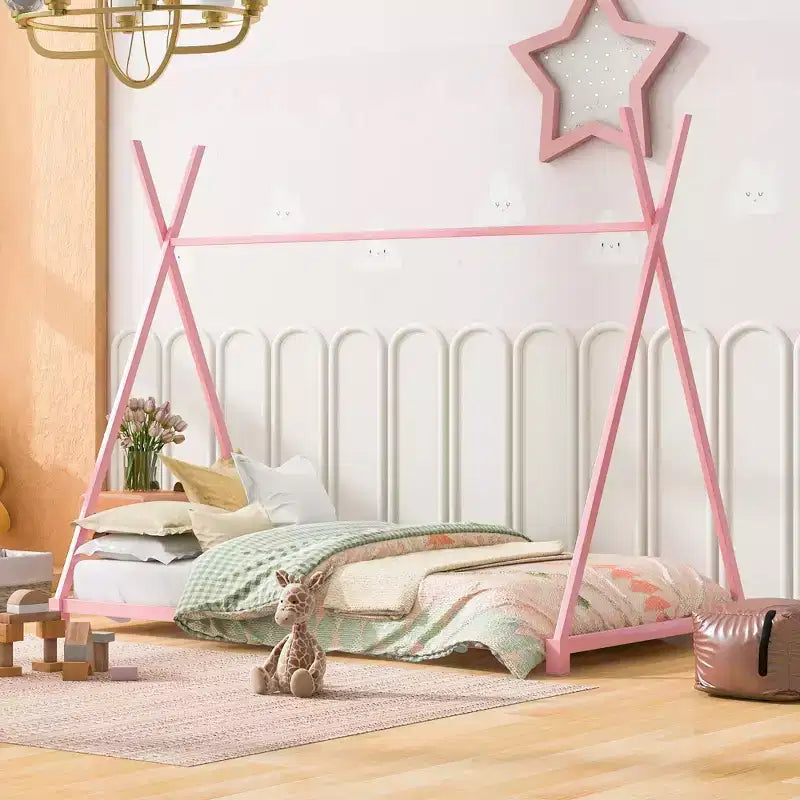 Lit au sol Bellemave taille jumeau pour enfants, lit au sol Montessori en métal pour enfants lit tente avec lattes, rose