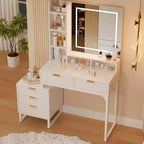 Table de Maquillage COZONY Blanche avec Lumières 3 Modes et Tabouret, Coiffeuse 5 Tiroirs avec Miroir