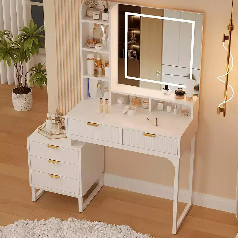 Table de Maquillage COZONY Blanche avec Lumières 3 Modes et Tabouret, Coiffeuse 5 Tiroirs avec Miroir