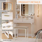 Table de Maquillage COZONY Blanche avec Lumières 3 Modes et Tabouret, Coiffeuse 5 Tiroirs avec Miroir