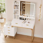 Table de Maquillage COZONY Blanche avec Lumières 3 Modes et Tabouret, Coiffeuse 5 Tiroirs avec Miroir