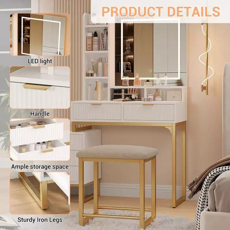 Table de Maquillage COZONY Blanche avec Lumières 3 Modes et Tabouret, Coiffeuse 5 Tiroirs avec Miroir