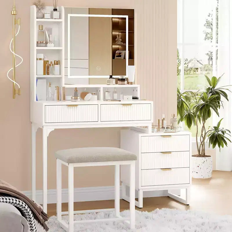 Table de Maquillage COZONY Blanche avec Lumières 3 Modes et Tabouret, Coiffeuse 5 Tiroirs avec Miroir