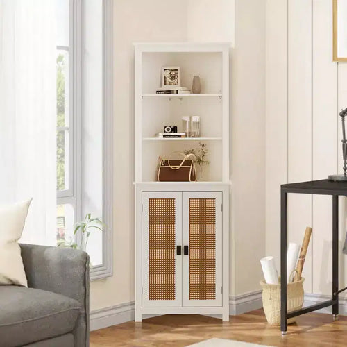 64 Tall Farmhouse Corner Cabinet with 2 Barn Doors and Adjustable Shelves for Bathroom, Dining Room, Kitchen, White