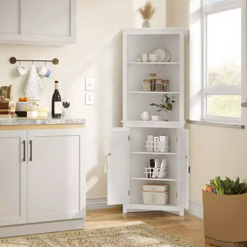 64 Armoire d'angle de style campagnard avec 2 portes de grange et étagères réglables pour salle de bain, salle à manger, cuisine, blanc