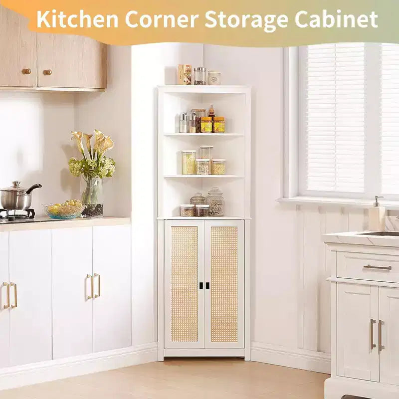 64 Armoire d'angle de style campagnard avec 2 portes de grange et étagères réglables pour salle de bain, salle à manger, cuisine, blanc