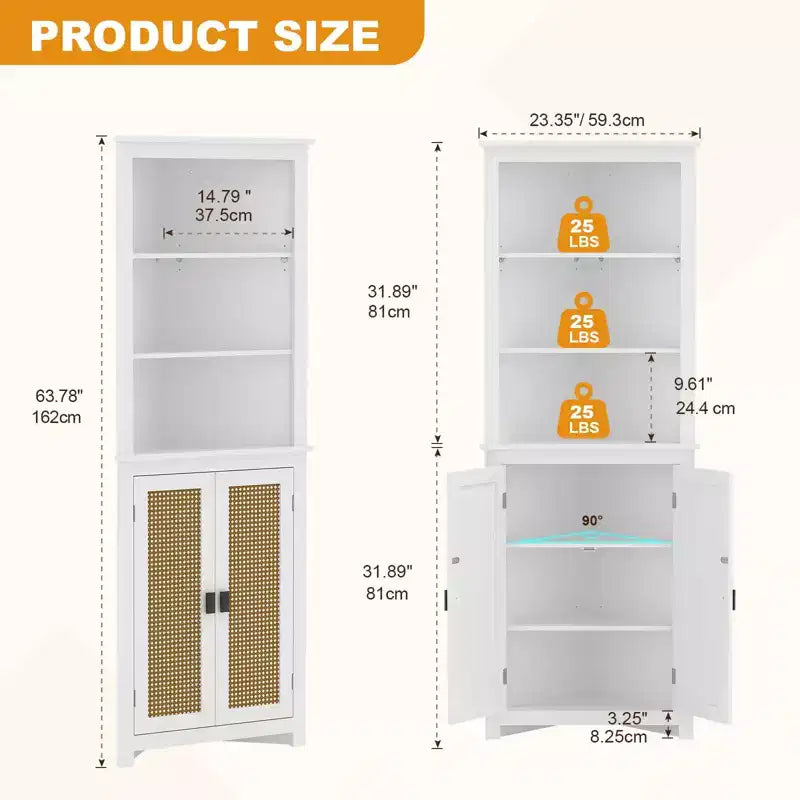 64 Armoire d'angle de style campagnard avec 2 portes de grange et étagères réglables pour salle de bain, salle à manger, cuisine, blanc