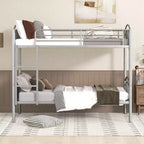 Bellemave Lit Superposé en Métal Jumeau sur Jumeau avec Échelle et Barrière de Sécurité, Convertible en 2 Lits, Robuste, Lit Gain de Place pour Enfants et Adolescents, Argent