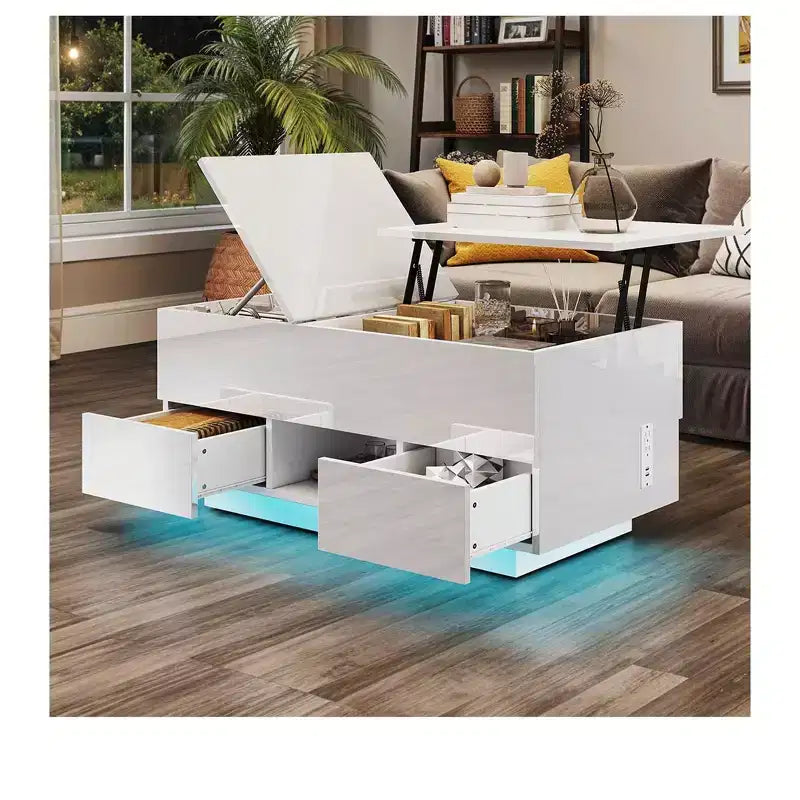 Rectangular LED Lift Top High Gloss Coffee Table With Charging Station and 2 Storage Drawers Open Shelf For Living Room
