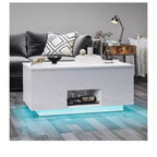 Table basse rectangulaire relevable LED haute brillance avec station de charge et 2 tiroirs de rangement, étagère ouverte pour salon