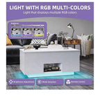 Table basse rectangulaire relevable LED haute brillance avec station de charge et 2 tiroirs de rangement, étagère ouverte pour salon