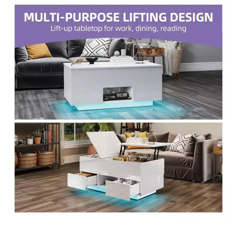 Table basse rectangulaire relevable LED haute brillance avec station de charge et 2 tiroirs de rangement, étagère ouverte pour salon