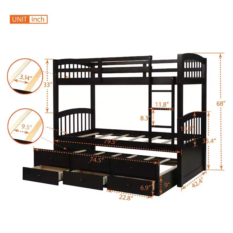 Lit superposé jumeau sur jumeau avec lit gigogne, lit superposé en bois avec 3 tiroirs de rangement et rail de sécurité, convertible en 2 lits