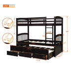Lit superposé jumeau sur jumeau avec lit gigogne, lit superposé en bois avec 3 tiroirs de rangement et rail de sécurité, convertible en 2 lits