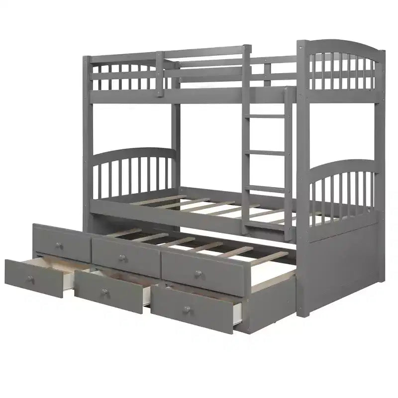 Lit superposé jumeau sur jumeau avec lit gigogne, lit superposé en bois avec 3 tiroirs de rangement et rail de sécurité, convertible en 2 lits