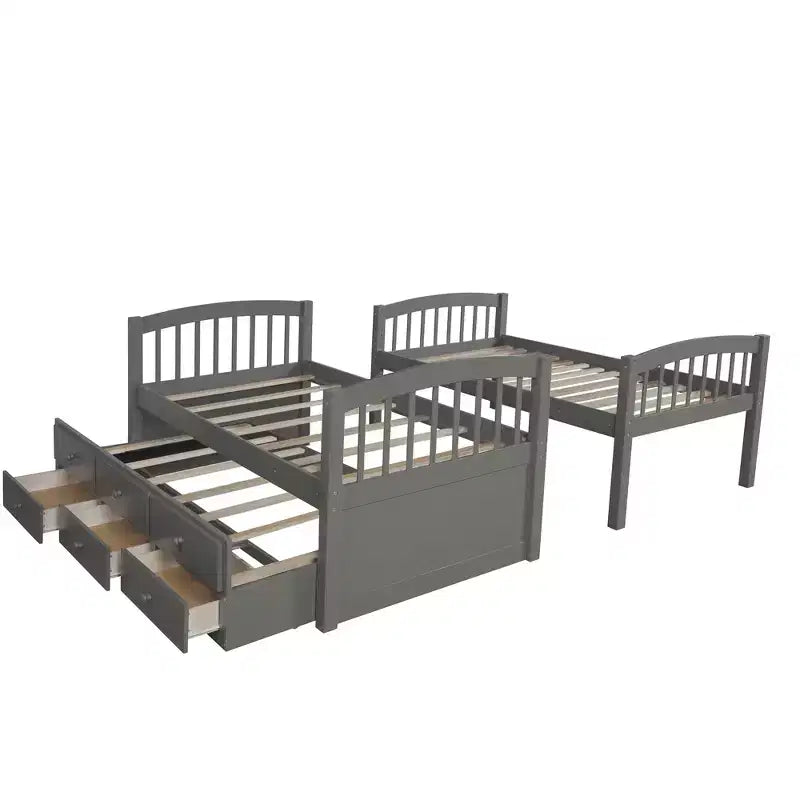 Lit superposé jumeau sur jumeau avec lit gigogne, lit superposé en bois avec 3 tiroirs de rangement et rail de sécurité, convertible en 2 lits