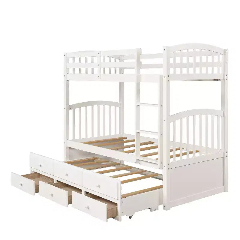 Lit superposé jumeau sur jumeau avec lit gigogne, lit superposé en bois avec 3 tiroirs de rangement et rail de sécurité, convertible en 2 lits