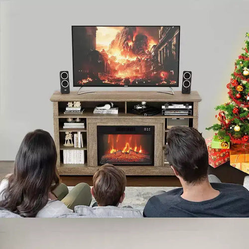 Meuble TV console de ferme 58 pouces avec étagères de rangement, cheminée 23 pouces avec flamme réglable sur 3 niveaux pour le salon