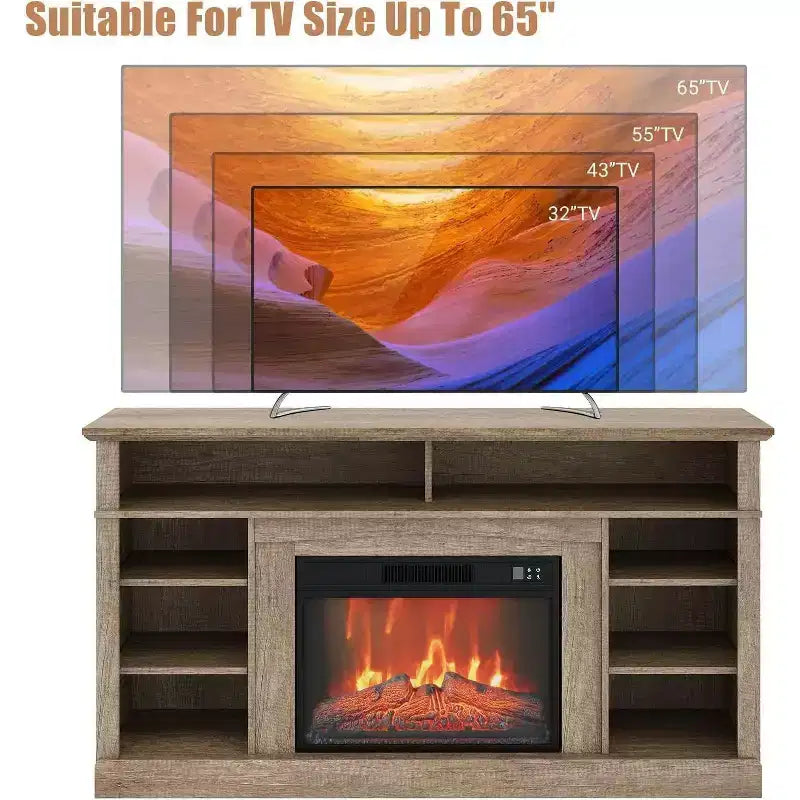 Meuble TV console de ferme 58 pouces avec étagères de rangement, cheminée 23 pouces avec flamme réglable sur 3 niveaux pour le salon