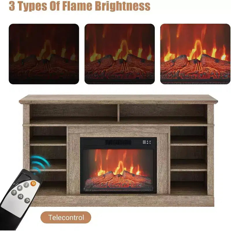 Meuble TV console de ferme 58 pouces avec étagères de rangement, cheminée 23 pouces avec flamme réglable sur 3 niveaux pour le salon
