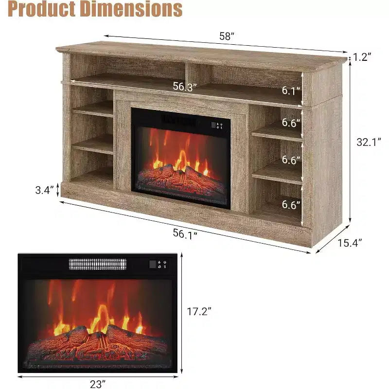 Meuble TV console de ferme 58 pouces avec étagères de rangement, cheminée 23 pouces avec flamme réglable sur 3 niveaux pour le salon