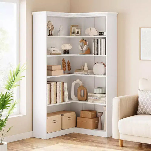 72.8in L-Shaped Corner Bookshelf,5-Tier Farmhouse Wood Bookcase,Space-Saving Storage Shelf with Anti-Tip Design,Half-Back Version