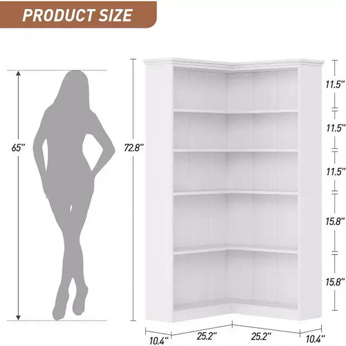 Étagère d'angle en forme de L de 185 cm, bibliothèque en bois de ferme à 5 niveaux, étagère de rangement peu encombrante avec dispositif anti-basculement, version semi-ouverte