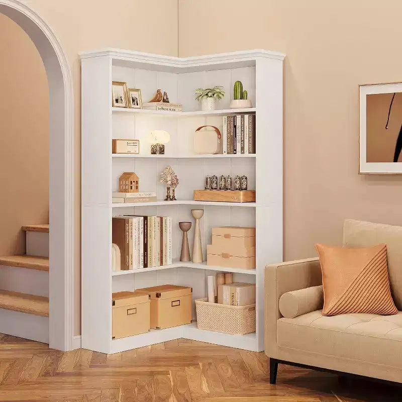 Étagère d'angle en forme de L de 185 cm, bibliothèque en bois de ferme à 5 niveaux, étagère de rangement peu encombrante avec dispositif anti-basculement, version semi-ouverte