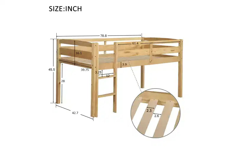 Lit mezzanine bas Bellemave avec échelle, lit mezzanine en bois double pour adultes, enfants et jeunes adolescents, support à lattes en bois Noyer