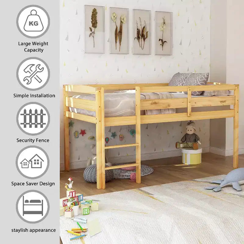 Lit mezzanine bas Bellemave avec échelle, lit mezzanine en bois double pour adultes, enfants et jeunes adolescents, support à lattes en bois Noyer