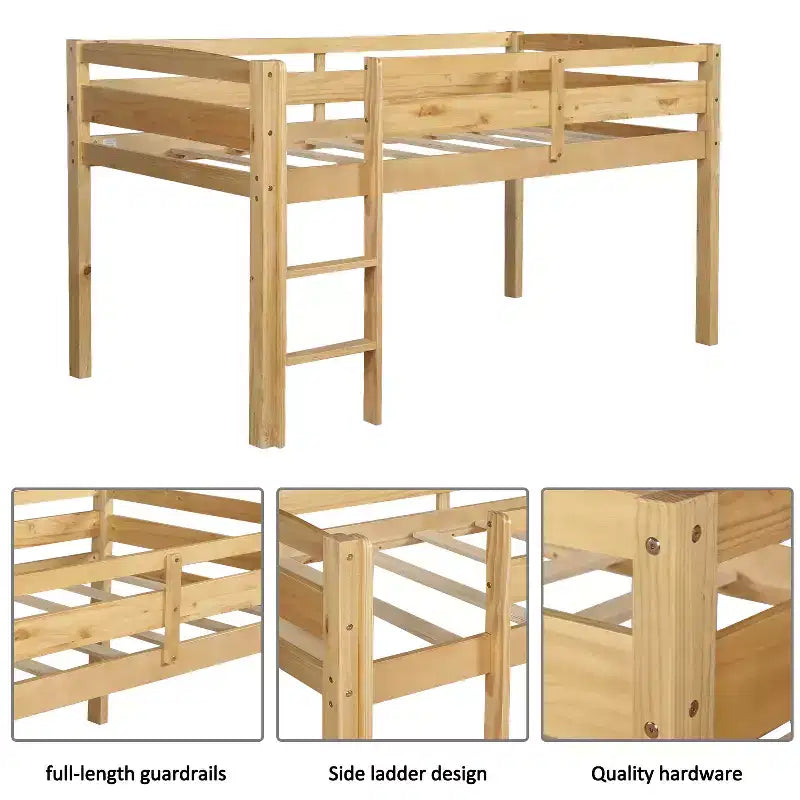 Lit mezzanine bas Bellemave avec échelle, lit mezzanine en bois double pour adultes, enfants et jeunes adolescents, support à lattes en bois Noyer