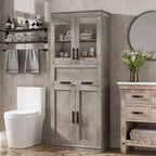Meuble de salle de bain haut Coolmee de 170 cm avec 4 portes et tiroir basculant en verre, armoire de rangement avec étagères réglables, organisateur autoportant pour la maison